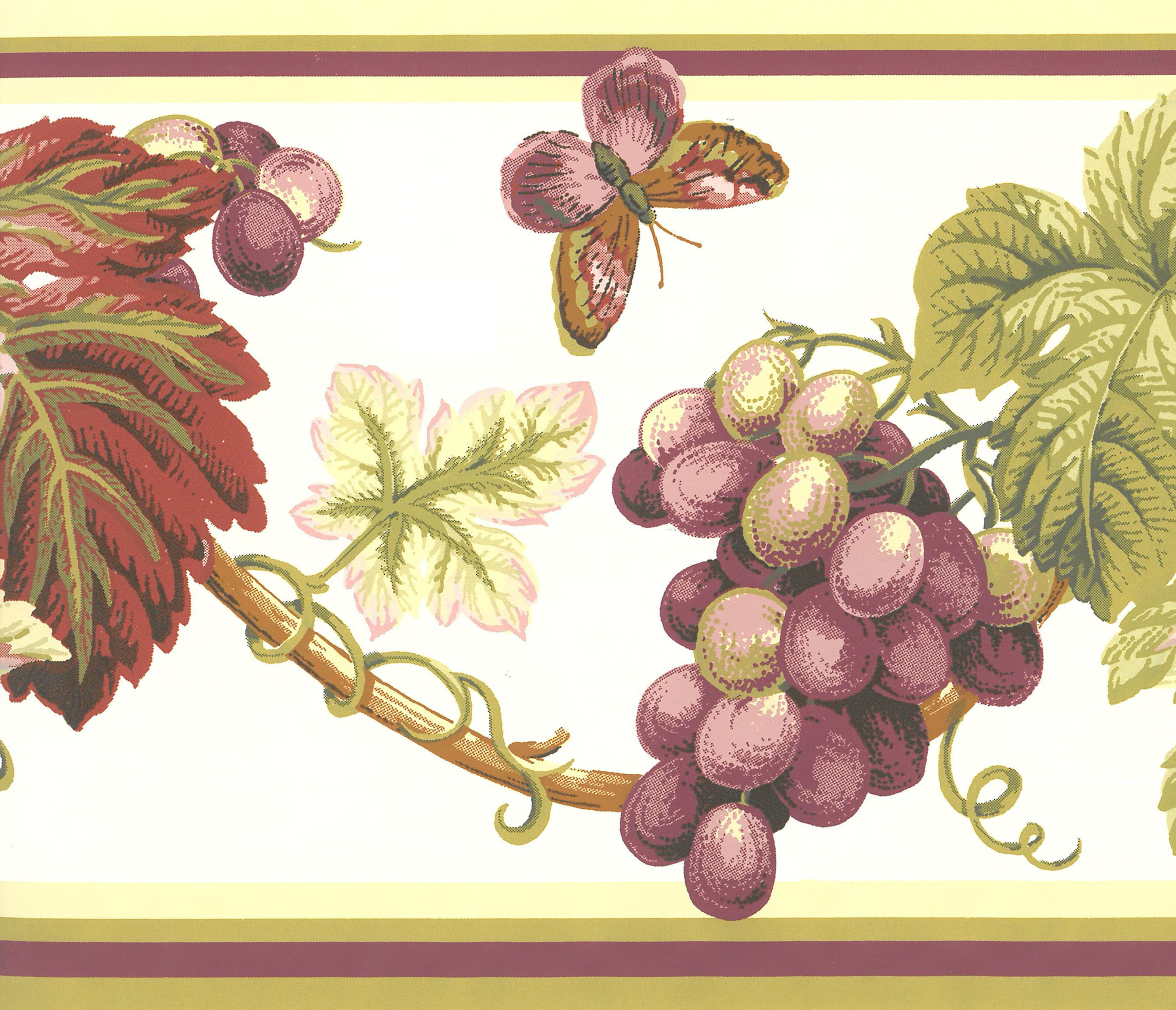 Pink Grapes on Vine Wall Border Retro Design 15 ft x 8 in Dundee Deco BD6129 Prepasted Wallpaper Border Purple Red Floral Green 4.57m x 20.32cm 