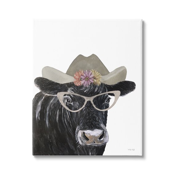 Stupell Industries Black Cow in Floral Hat Animals & Insects Painting Gallery Wrapped Canvas Print Wall Art, 16 x 20