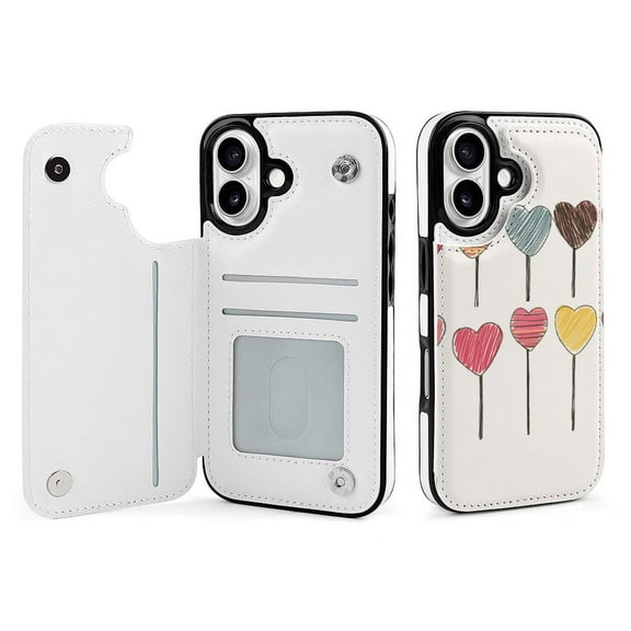 Compatible with iPhone 11 12 13 mini 14 15 16 Pro Max Plus Wallet Case with Card Holder, PU Leather Kickstand Card Slots Case ( Pink Heart Lollipop, iPhone 16)