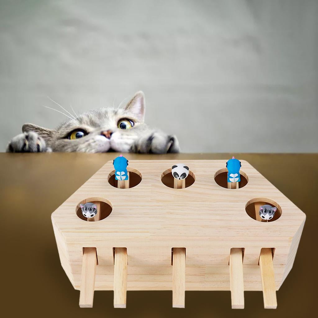 Interactive Toy Wooden Solid Game Box Puzzle Toy for Indoor Cats Mice - 5 Holes
