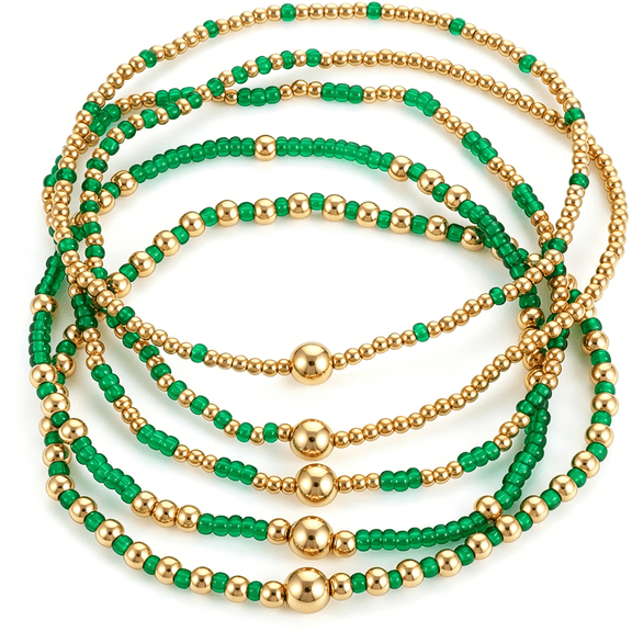 DESIGNICE Green and Gold Bracelet Stack Set, Boho Bracelets for Women, Multilayer Beaded Green Stackable Stretch Bracelets, Bohemian Beach Vacation Jewelry Gifts for Women