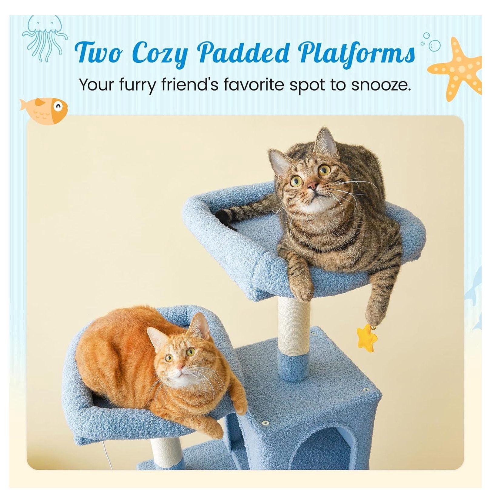 Ocean Cat Tree 70.1 Inch Tall, Multi-Level Cat Tower for Indoor Cats, Blue Plush Condo with Scratching Posts, Hammock & Toys - Large Kitten Activity Center