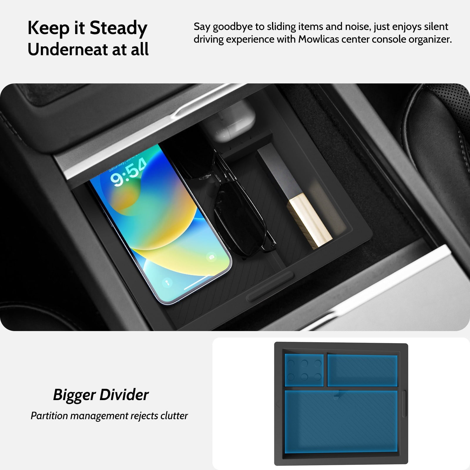 MOWLICAS Food-Grade Silicone Center Console Organizer, Tesla New Model Y 2026/2025 (Juniper) & Model 3 2024-2026 (Highland) Accessories, Bigger Divider Design for Maximize Space (Black)