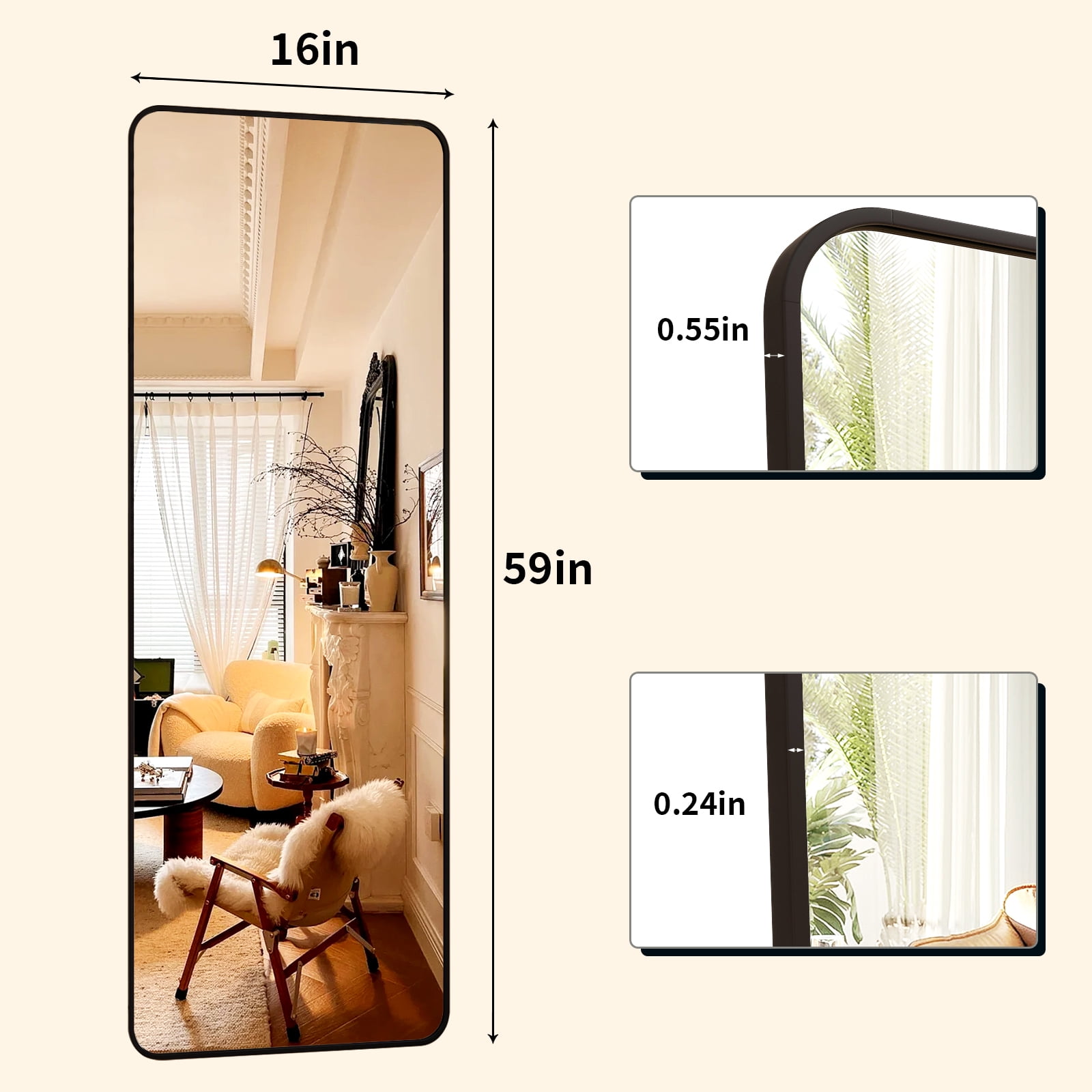 Mistory 59"x16" Full Length Mirror Rounded Corner Floor Mirror with Metal Frame, Black