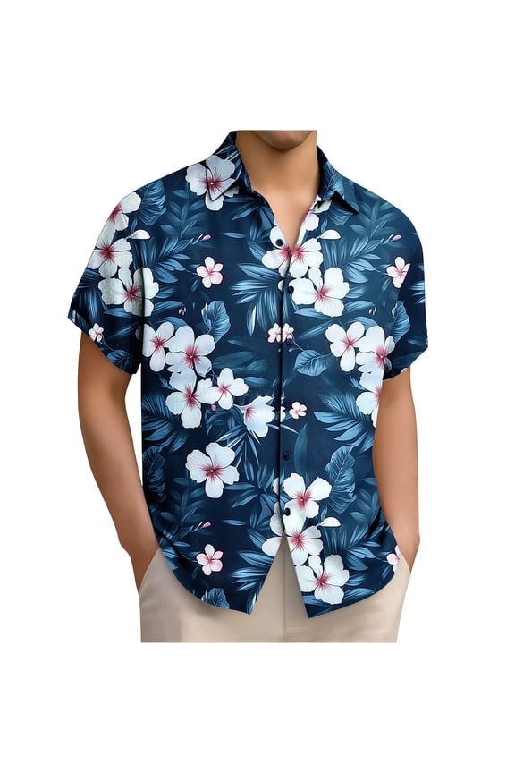 Men's Hawaiian Shirts Short Sleeve Oversized Floral Print Lapel Button Down Hawaiian T Shirts Mens Casual Turndown Plus Size Hawaiian Print Button Beach Top Summer Hawaiian Short Sleeve Shirt