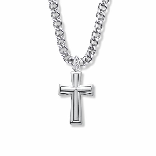 Singer Men's 1-1/2 Inch Sterling Silver Raised Inner Cross Necklace with Stainless Steel Rhodium Plated 24" Chain, Style Cross