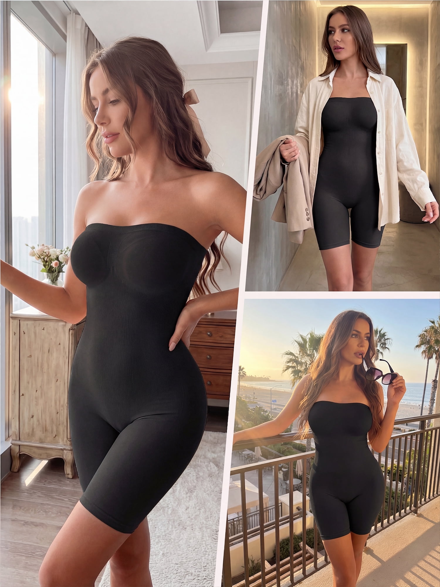 DARING DIVA Women's Tube Top Shapewear Bodysuit Mid Thigh Jumpsuit XL Black