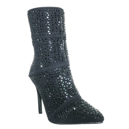 Event98 by 6, Rhinestone Studded Stiletto Bootie- Womens Crystal Ankle Height Boot