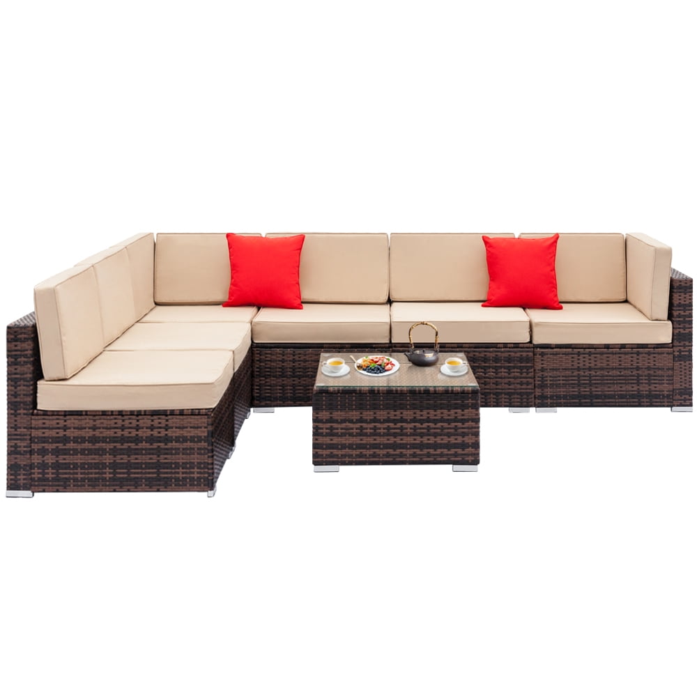 Fully Equipped Weaving Rattan Sofa Set with 2pcs Corner Sofas & 4pcs