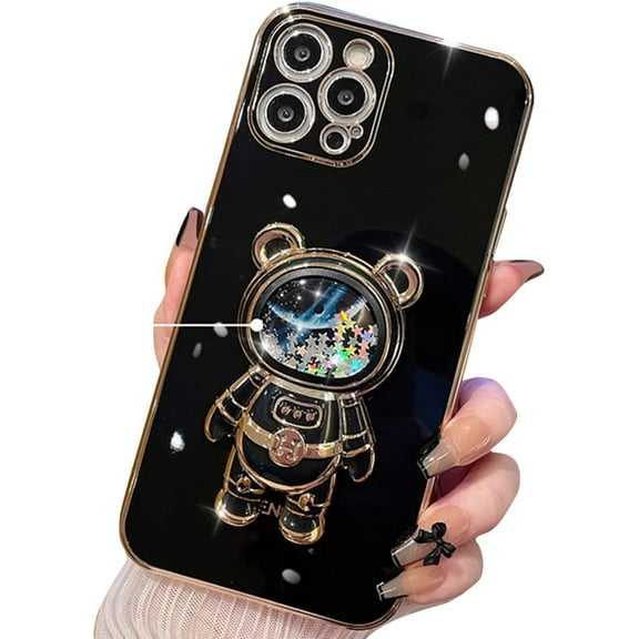 Compatible with iPhone Case,Cute Astronauts Glitter Sparkle Bling Liquid Quicksand Electroplated Holder Kickstand Stand Shockproof Cover Phone Case (Black,iPhone 14 Plus)