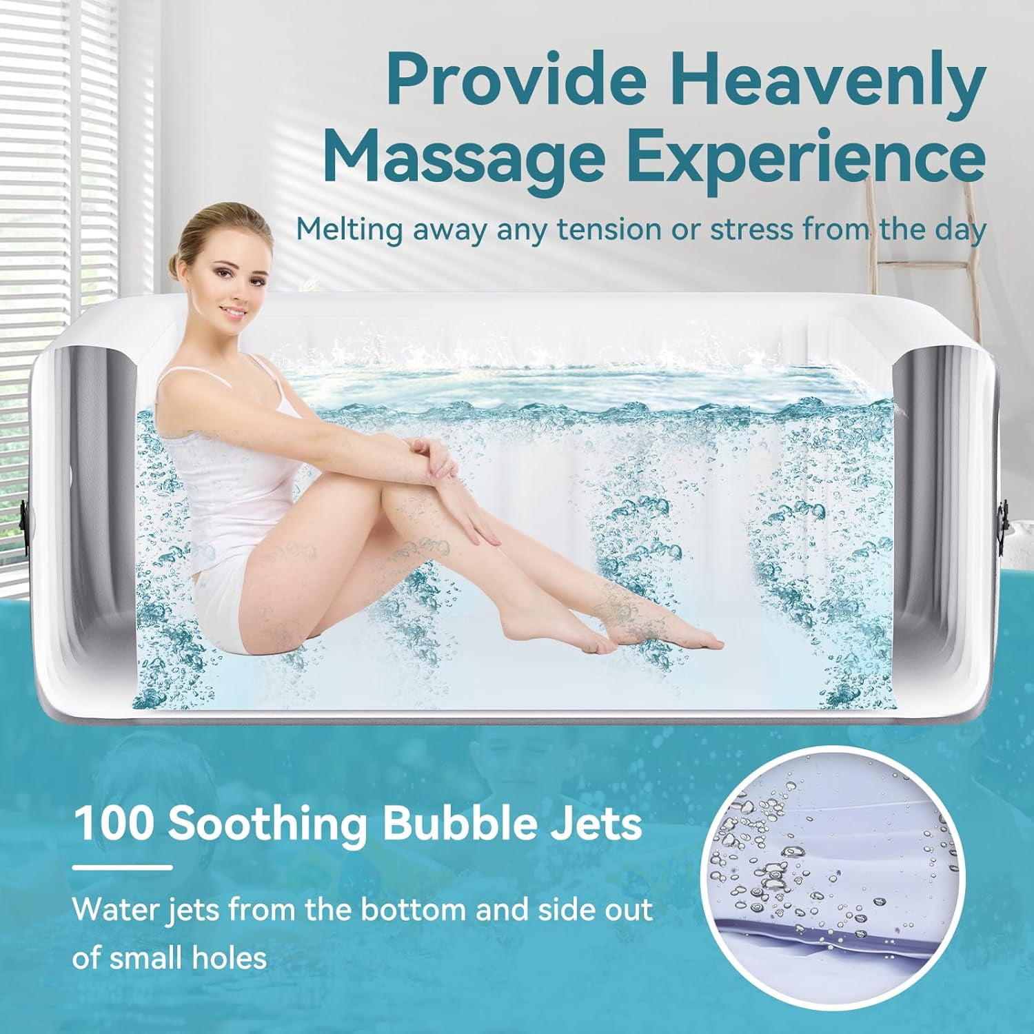 2 Person Inflatable Hot Tub with Side Table, Oval Portable Blow up Hot Tub Spa, Leak-Proof PVC Outdoor Spa with 100 Air Jets, Heater Pump and Insulated Cover, 75” L X 47”W X 25”H