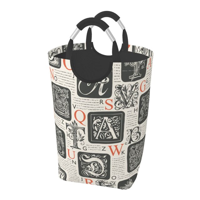 DouZhe 50L Rectangular Laundry Basket, Gothic Style Alphabet Letters Prints Waterproof Foldable Laundry Hamper with Aluminum Handles