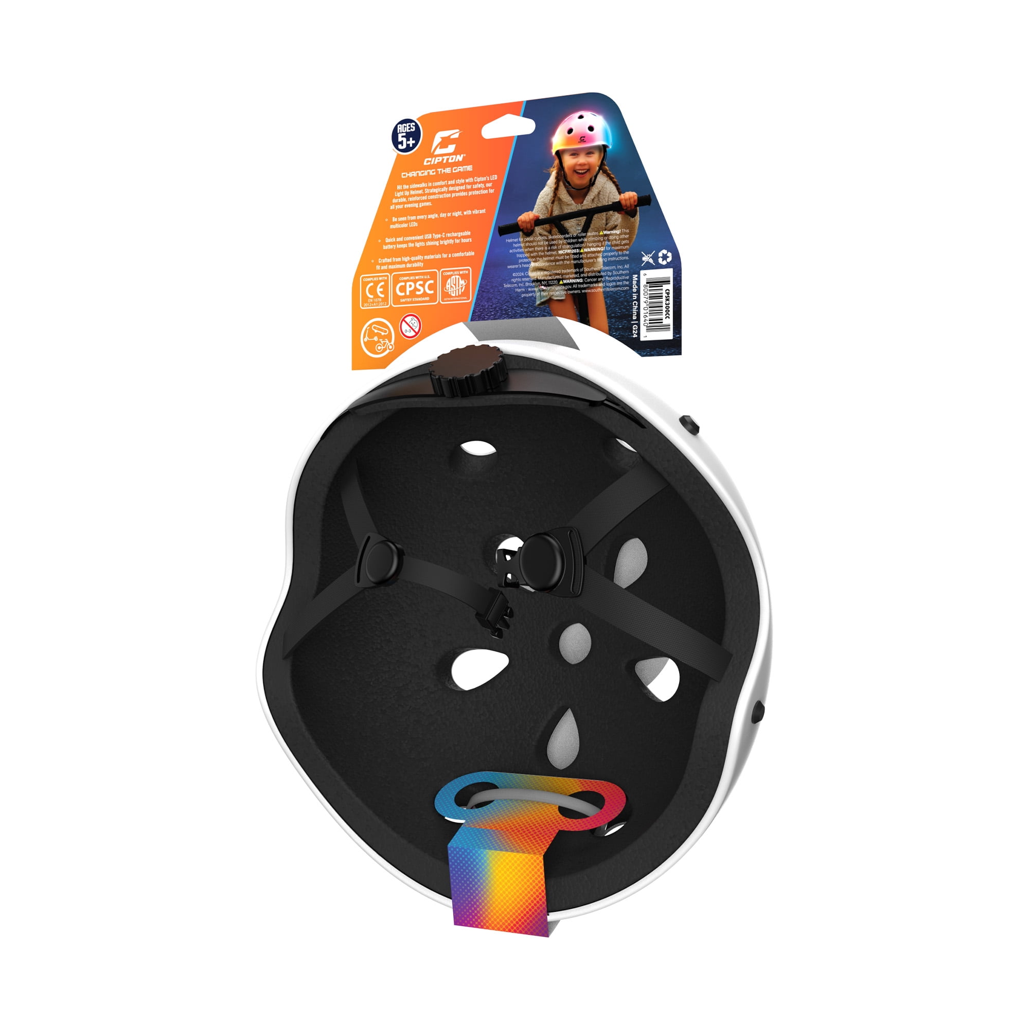 CIPTON LED Light Up Bike & Skate Helmet, USB Rechargeable Full Spectrum LED Helmet with 6 Light Modes, Adjustable 54-58 cm, Ages 8+, Multicolor