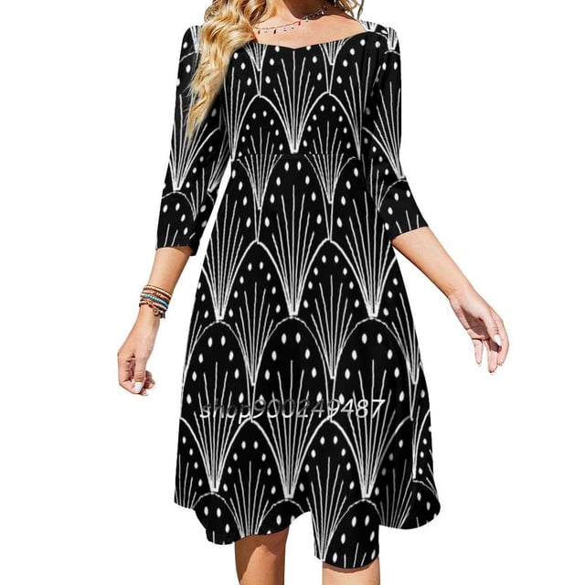 Linocut Robe à Motif Artistique des Années 20, Col Carré Noir et Blanc, Robe d'Été Douce, Robe Élégante à Imprimé Halter pour Femmes