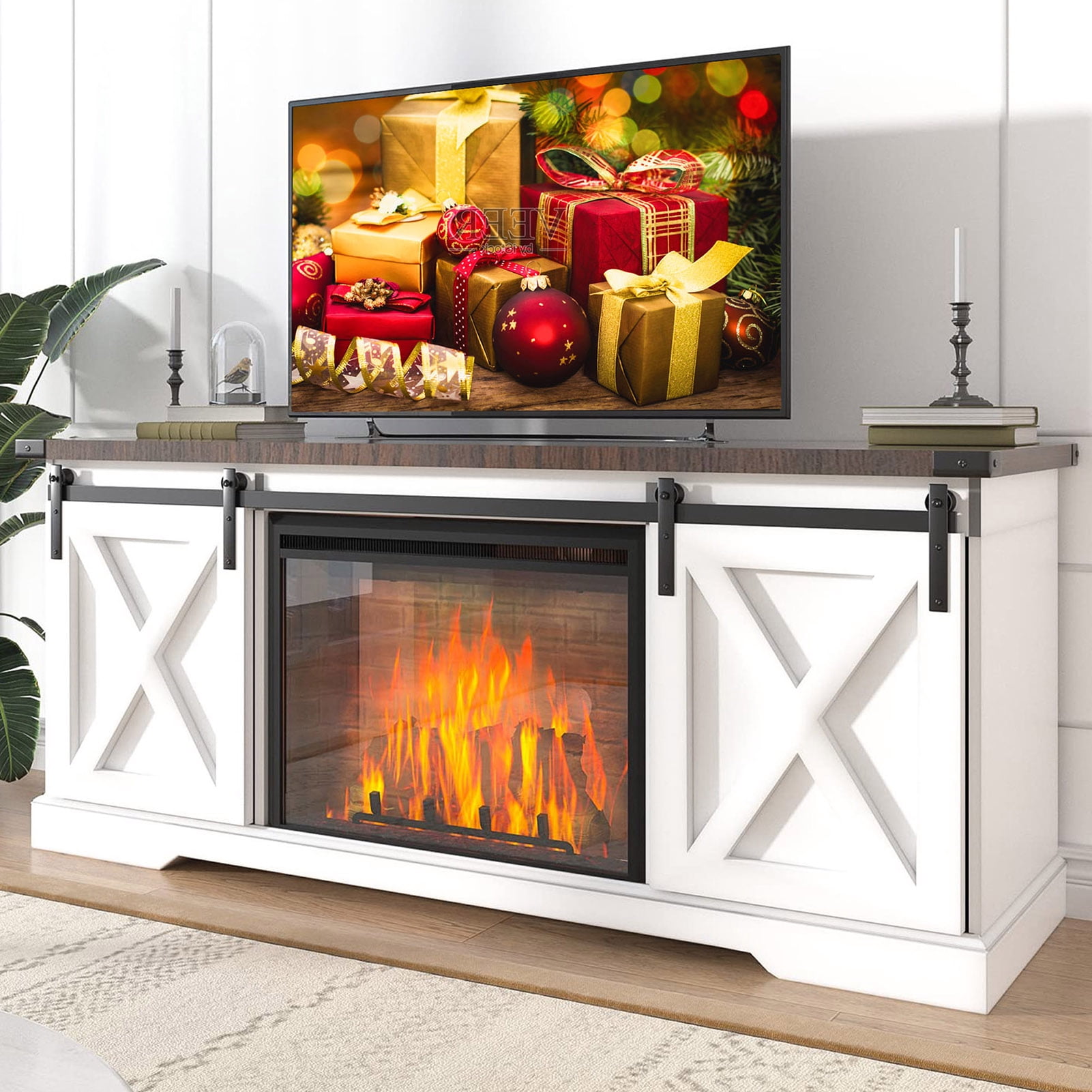 Chvans Farmhouse Barn Door TV Stand for up to 65" TVs & 23" Electric Fireplace, Entertainment Center Console Table with Adjustable Shevles