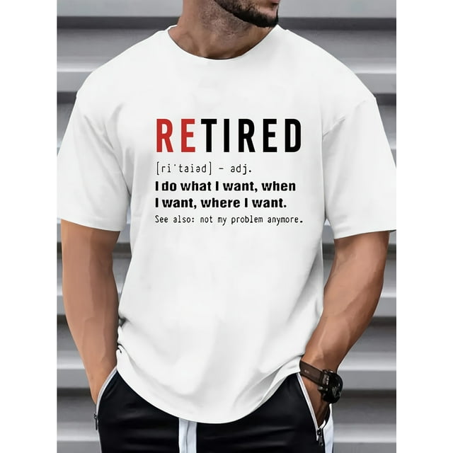 Men's Retired Print T-shirt, Casual Cotton Blend Short Sleeve Crew Neck Tee, Men's Clothing For Outdoor