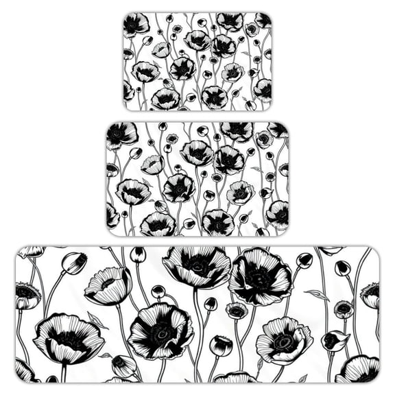 RKSupls Kitchen Rug Set 3 Piece Anti-Slip Flannel Floor Mats, Floral Sketch Pattern Washable Absorbent Runner Mats for Kitchen Bathroom Home Decor
