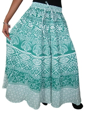 Mogul Womens Cotton Maxi Skirt Teal Green Floral Print Boho Chic Gypsy Summer Long Skirts