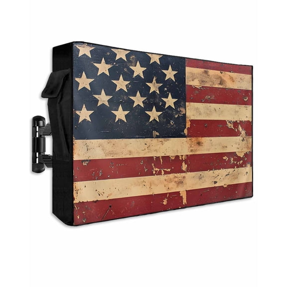 Vintage American Flag Outdoor TV Cover 30 to 32 Inch Weatherproof, Retro US Flag White Red Blue 600D Oxford TV Covers with Waterproof Zipper, Outside Flat TV Screen Protector Size 30"W x 19"H x 4.5"D