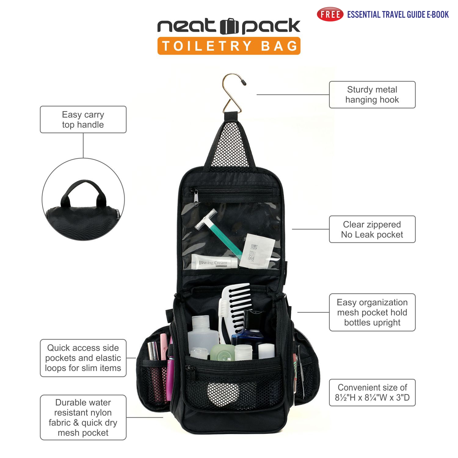 NeatPack Compact Hanging Toiletry Bag, Black - image 2 of 10