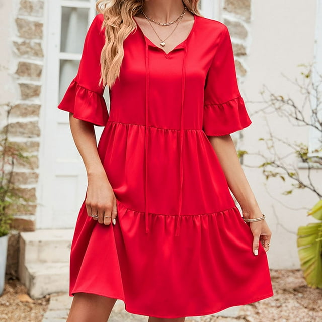 SMihono Robe d'Été pour Femmes 2024 Grande Taille Décontractée Col en V devant Jupe Lacée Taille Haute Robe Ample Manches Courtes Col en V Longueur Genou Liquidation à Moins de 10!