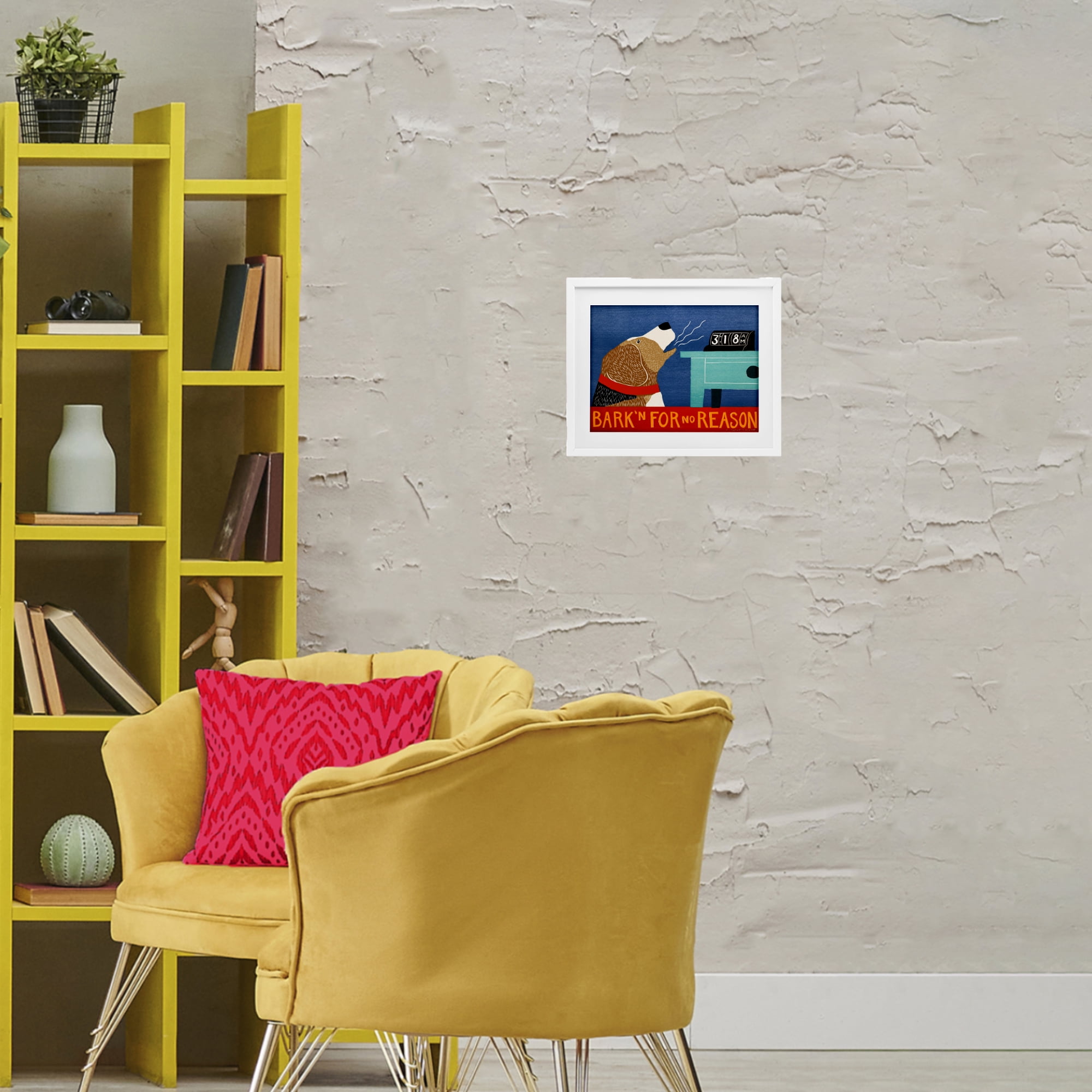 Bark'n For No Reason White Framed Print Under Glass, design by Stephen Huneck