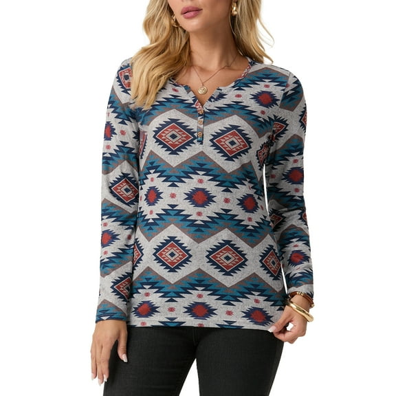 JWD Womens Long Sleeve T Shirts Western Henley Tops Ladies Cowboy Chic Graphic Tees Aztec Casual V Neck Loose Fit Blouse White Five Geometry L