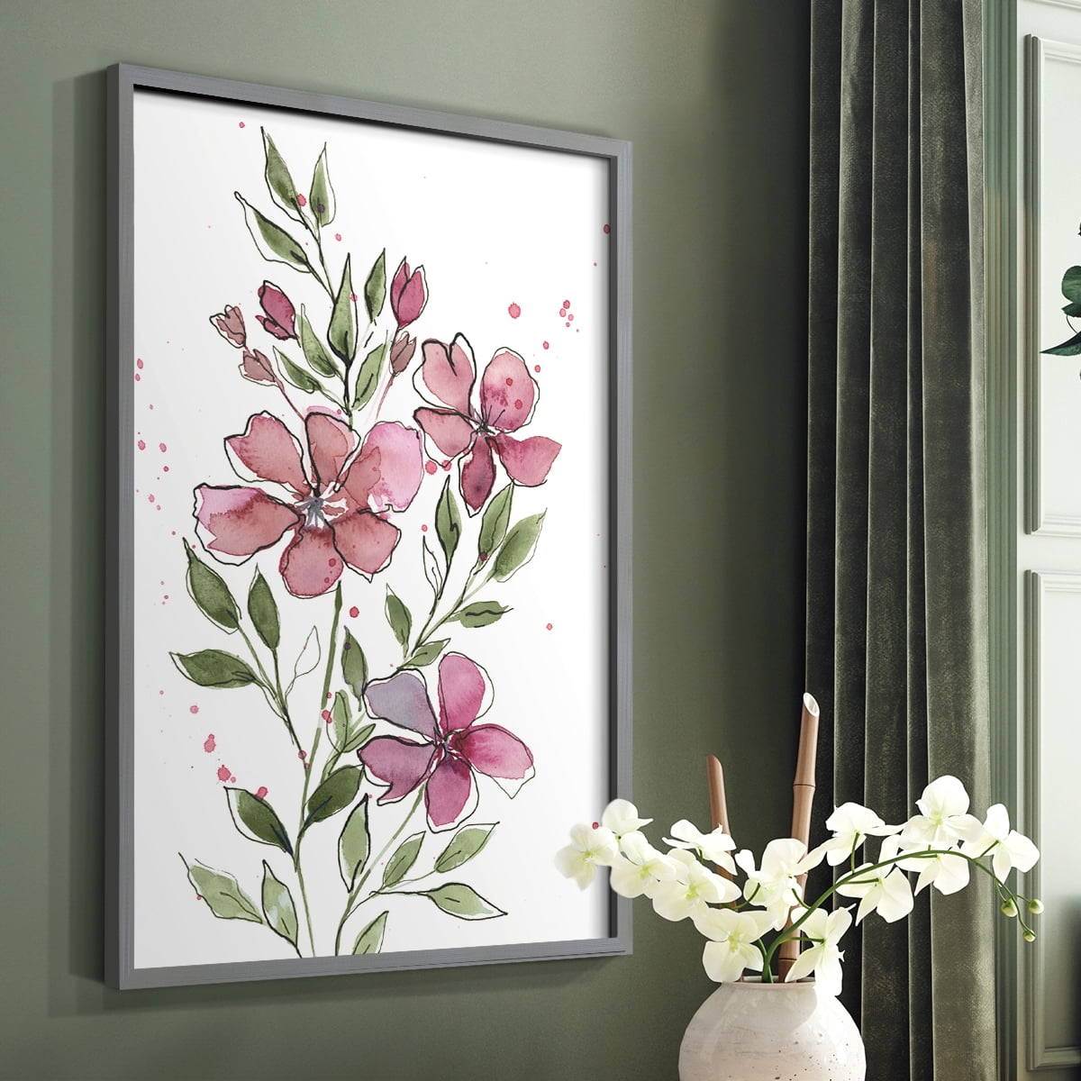 Watercolor Floral Stems I Framed Print in Gray Solid Wood 8 x 10 Framed Print