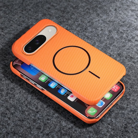 ELEHOLD For Google Pixel 9A Mag Safe Case, Carbon Fiber Texture Slim Shockproof Rugged Hard PC Anti-Scratch Protection Cover Wireless Charging Compatible,Orange