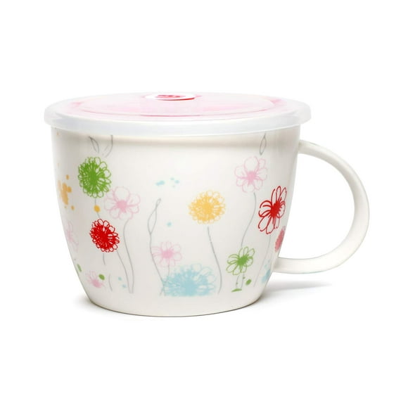 Microwavable Ceramic Noodle Bowl with Handle and Seal Fine Porcelain Floral Design (MixedFlowers)