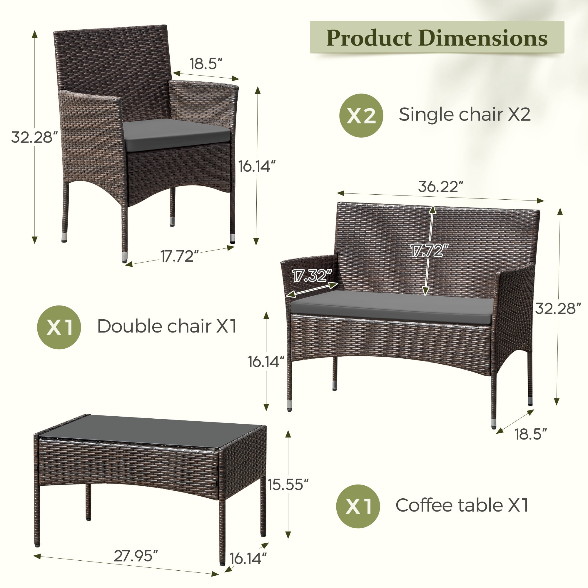 Homall 4 Pieces Patio Conversation Set Outdoor Furniture Rattan Chairs Wicker Seating with Cushion and Table Weather-resistant for Porch Garden Backyard, Brown /Gray