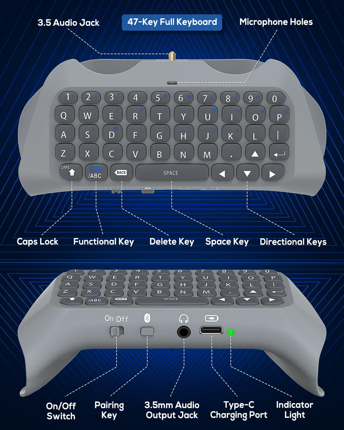 Bluetooth 3.0 Wireless Controller Keyboard for PS5/PS5 Pro,Mini Portable Gamepad Chatpad with Built-in Speaker&3.5MM Audio Jack, Voice Chat Board for Messaging&Gaming Live Chat,Grey