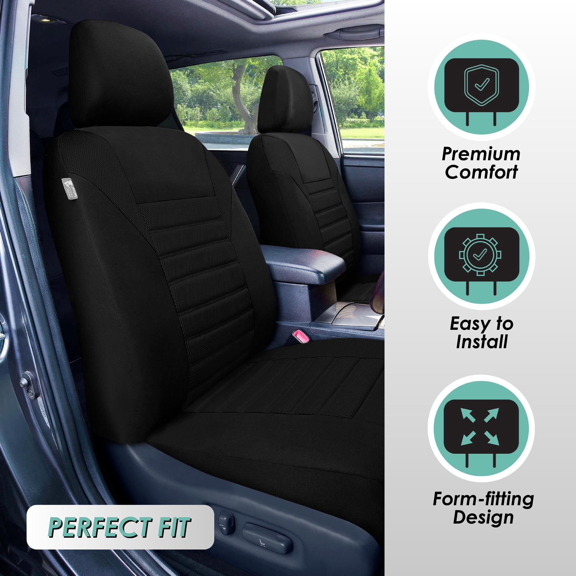 FH Group 3 Row Universal Fit Car Seat Covers Premium 3D Air Mesh with Removable Headrest,  Airbag Compatible for SUV, Sedan, Van Black - 7 Seater