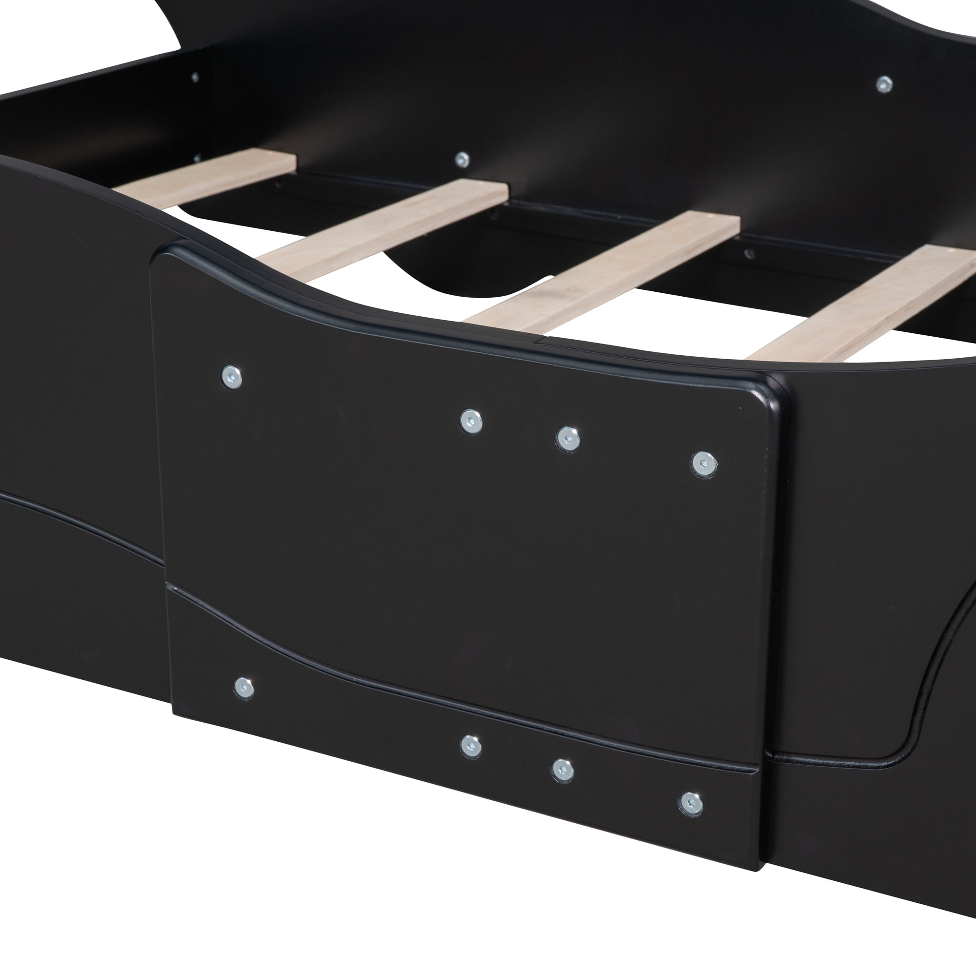 Daatumm Full Racing Platform Bed with Dynamic Speed Accents & Rolling Wheels - Jet Blue Upholstered Bed Frame for Themed Bedrooms & Playful Spaces