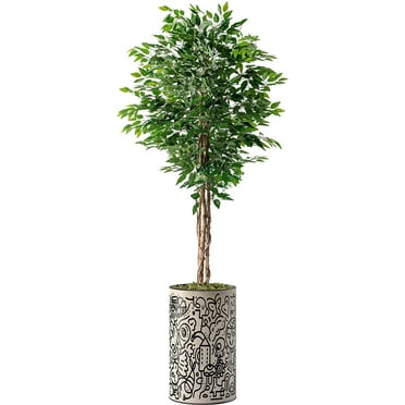 Artificial Tree in Contemporary Geometric Planter, Fake Ficus Silk Tree for Indoor and Outdoor Home Decoration - 66" Overall Tall (Plant Pot Plus Tree)