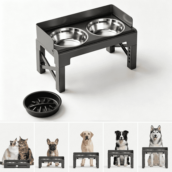 Kawiwi Elevated Dog Bowls,No Spill Edge, Foldable, 2 Stainless Steel Bowls & Slow Feeder Dog Food, 5 Adjustable Heights 3.15"-12.2" ,  for Small Medium Large Dog