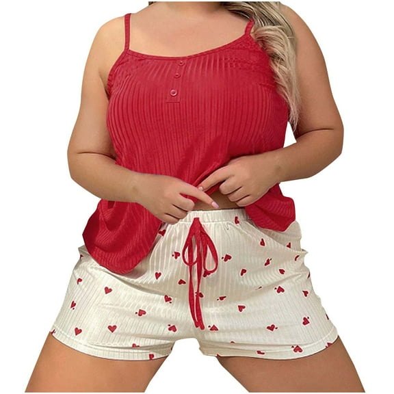 HUJlwoi Plus Size Pajamas for Women Set Ribbed Spaghetti Strap Camisole and Shorts Pjs Sleepwear Button down Printed Trendy Loungewear