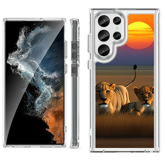 Shockproof Bumper Phone Case for Samsung Galaxy S23 Ultra 5G, by OneToughShield ® - Lion Sunset