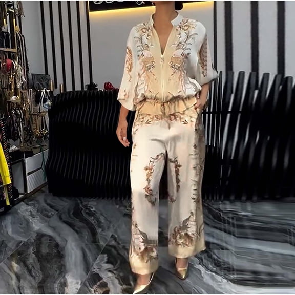 Heisall Women's Casual Print Two Piece Outfits Long Sleeve V Neck Zipper Blouse and Wide Leg Pants Matching Set