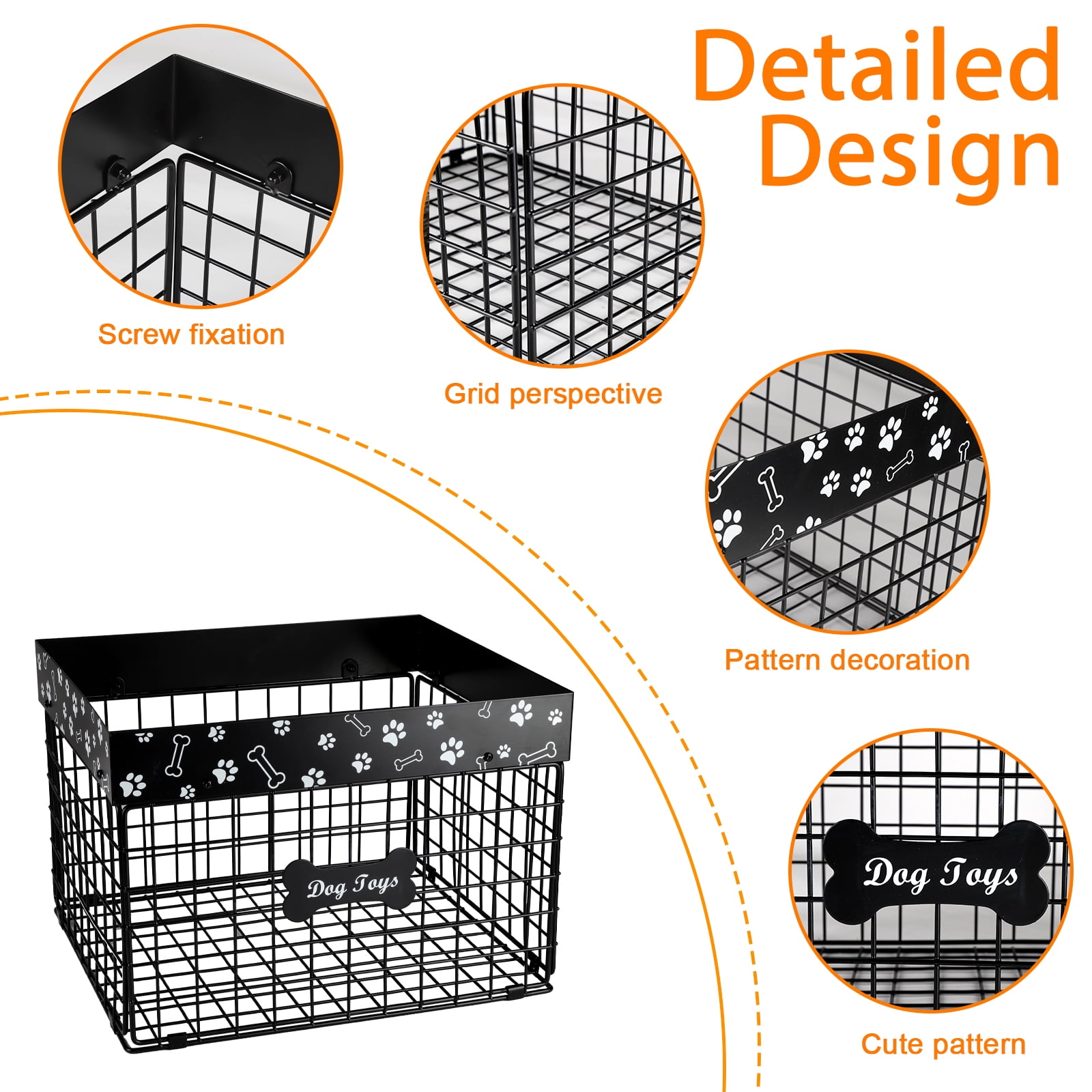 Brabtod Chew-Proof Dog Toy Organizer, Large Metal Wire Folding Storage Basket, Pet Toy Box with Durable Construction - Black