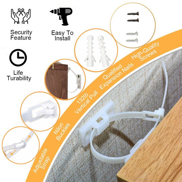 10pcs Réglables Sangles de Meubles de Bébé, Kit d'Ancrages de Meubles Anti-Embout Bébé, Ancrages Muraux d'Armoires Protéger les Tout-Petits et les Animaux de Compagnie de la Chute des Meubles (Blanc)