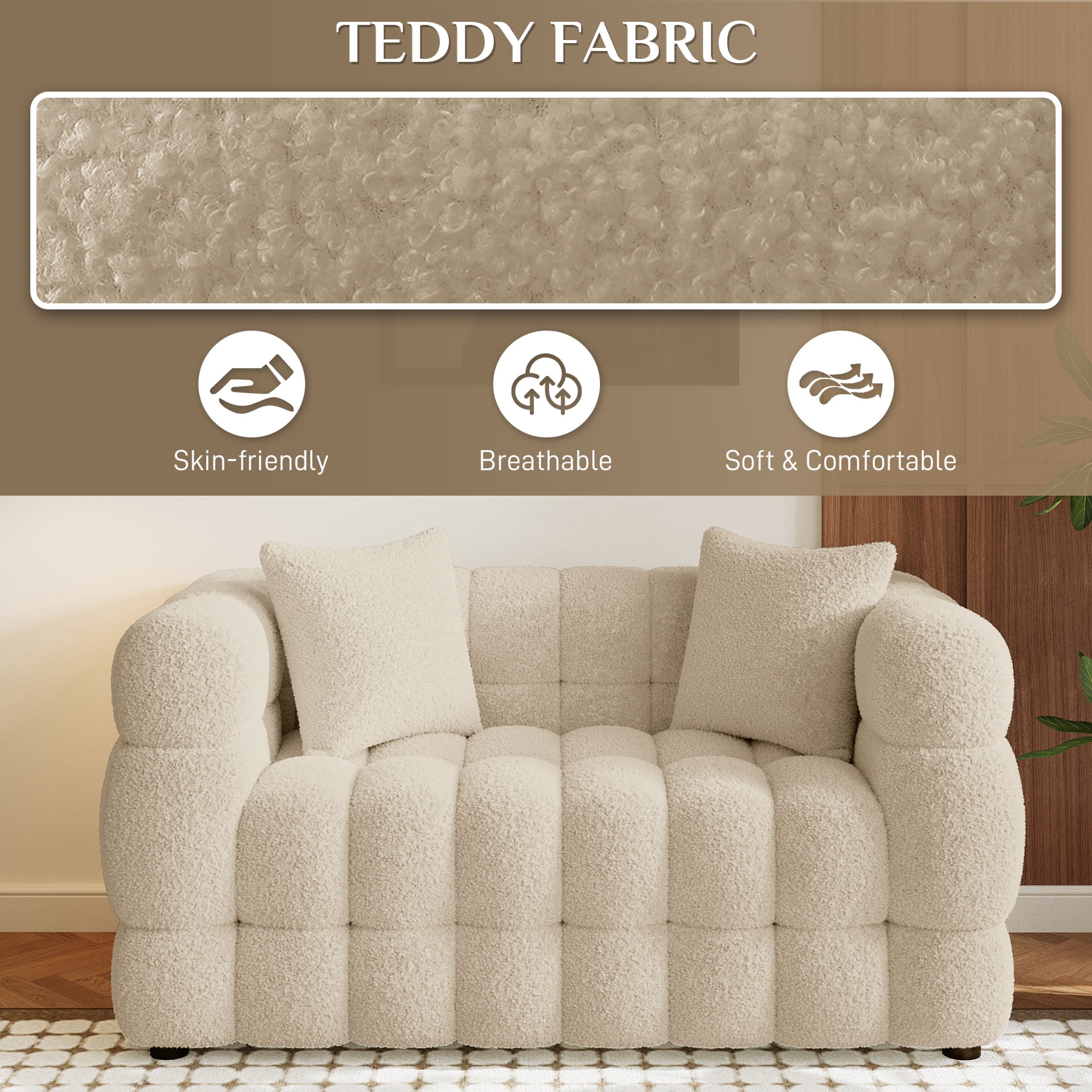 Wiilayok 59.1" Modern Tufted Upholstered 2 Seater Loveseat Sofa with 2 Pillows，Comfy Sherpa Deep Seat Cloud Couch, Small Love Seat for Living Room Apartment, Light Brown