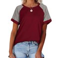 thumbnail image 4 of T-Shirt pour Femmes à Manches Courtes Color Block, Col Rond, Blouse Décontractée, Rouge Vin, L, 4 of 6
