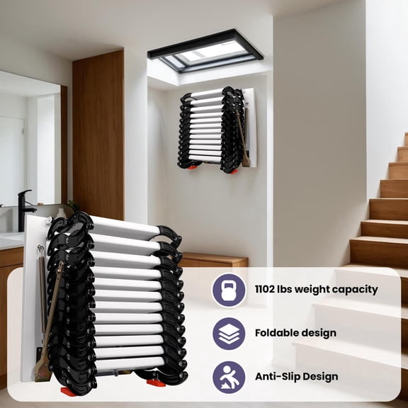 10FT/3M Telescopic Attic Ladder, 12-Step Aluminum-Magnesium Alloy Pull-Down Loft Stairs, Foldable Wall-Mounted Attic Stairs with Armrests, 23.6" x 27.5" Opening, Black & White