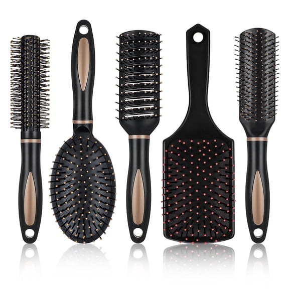 5PCS Hair Brush Set, Anti Static Detangling Brushes for All Hair Types, Paddle, Round, Vented, Cushion Brushes for Women, Men, Kids