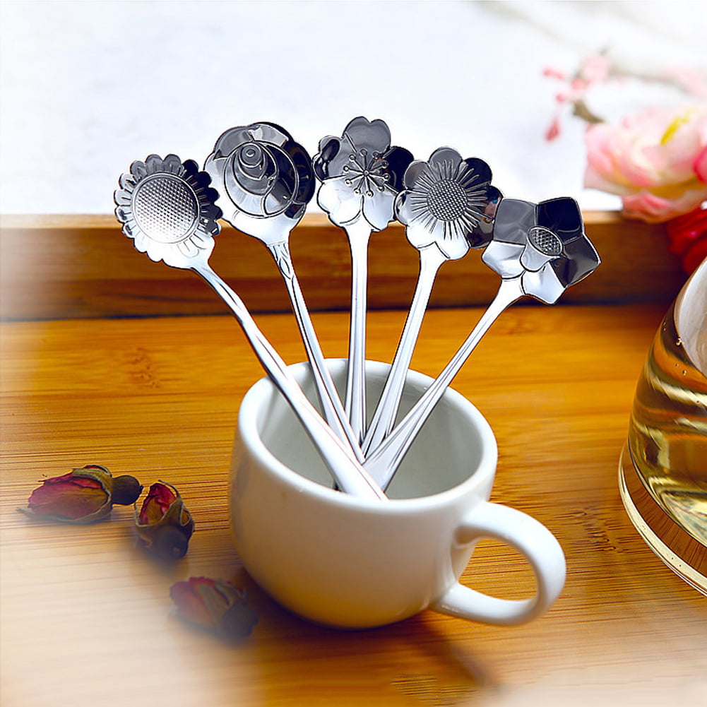 5Pcs Stylist Stainless Lovers Cherry Blossoms Measuring Spoons Tea Coffee Spoon