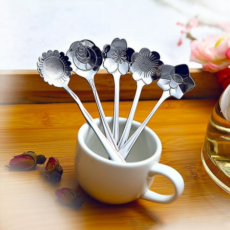 

5pcs stainless steel cherry rose sunflower coreopsis platycodon grandiflorum shaped measuring spoons tea coffee spoon