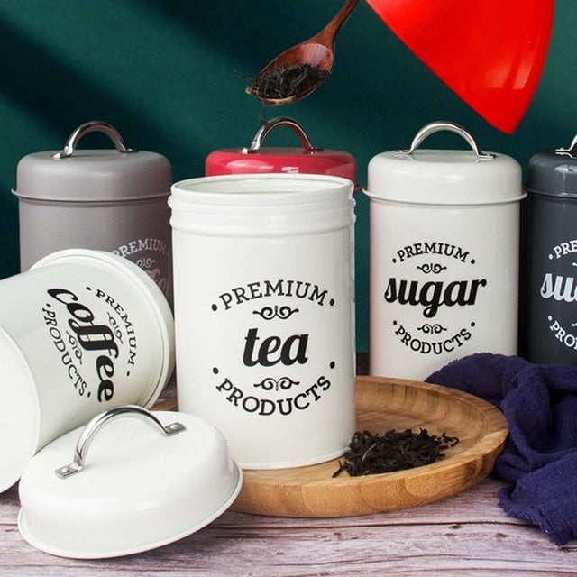 Frascos de cocina de metal antioxidante Macarena Juego de Botes de azúcar de café y té 3 piezas Blanco brillante