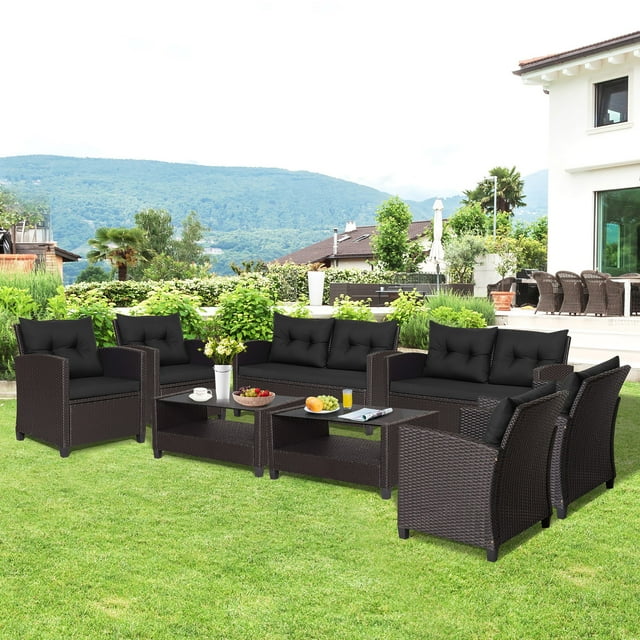 Gymax 8PCS Outdoor Conversation Set Patio PE Rattan Set w/ Glass Table & Sofa Cushions Black