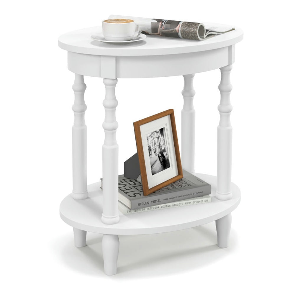 Finihen End Table, Oval End Table, 2-Tier Oval Side Table with Storage Shelf and Solid Wood Legs, Sofa Side Table, Bed Side Table, for Living Room, Bedroom, White Finihen End Table, Oval End Table, 2-Tier Oval Side Table with Storage Shelf and Solid Wood Legs, Sofa Side Table, Bed Side Table, for Living Room, Bedroom, White
